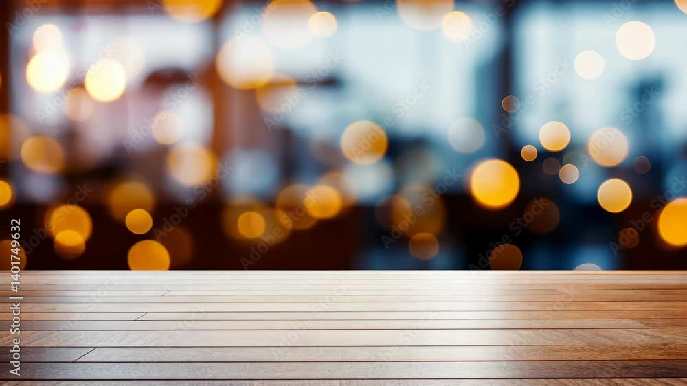 Poster blank tabletop made of wooden planks with blurred empty open space office with abstract light bokeh 