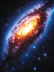 Obraz premium A vibrant swirling galaxy shines brilliantly against a star-speckled backdrop showcasing cosmic dust and light in a stunning display.