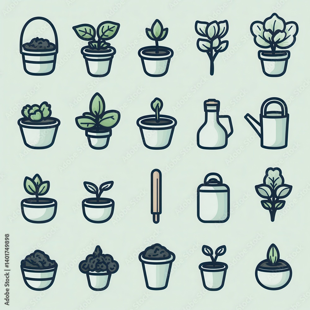 Poster this image showcases a set of simple minimalist outline icons depicting a range of plant based eleme