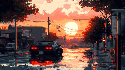 Vibrant Pixel Art Depicting Urban Street with Car at Sunset with Bright Orange Sky Pixelated Aesthetic and Retro Style