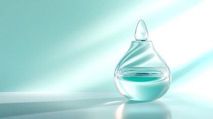 Fototapeta premium A sleek glass dropper bottle filled with clear liquid, reflecting soft light against a light blue background, creating a serene and tranquil atmosphere