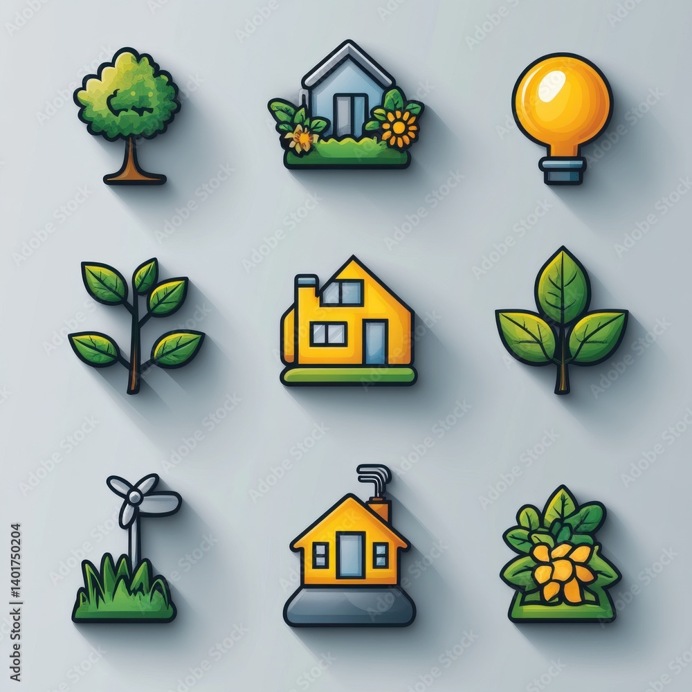 Poster a collection of 15 thin stroke icons representing various eco friendly concepts such as renewable en