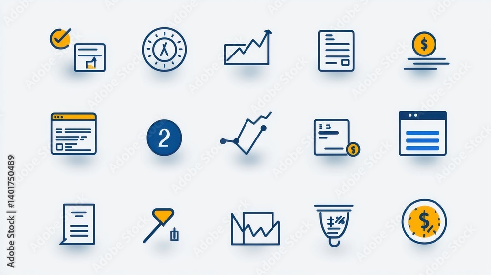 Poster a collection of various financial and business related outline icons including charts graphs documen