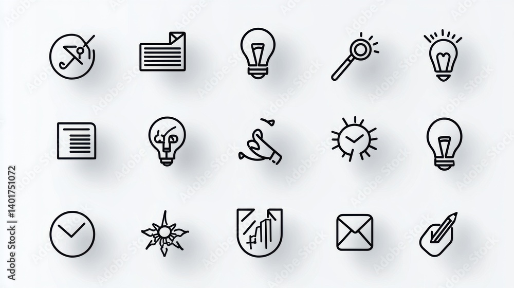 Poster this image showcases a diverse collection of 15 minimalist outline style icons that represent variou