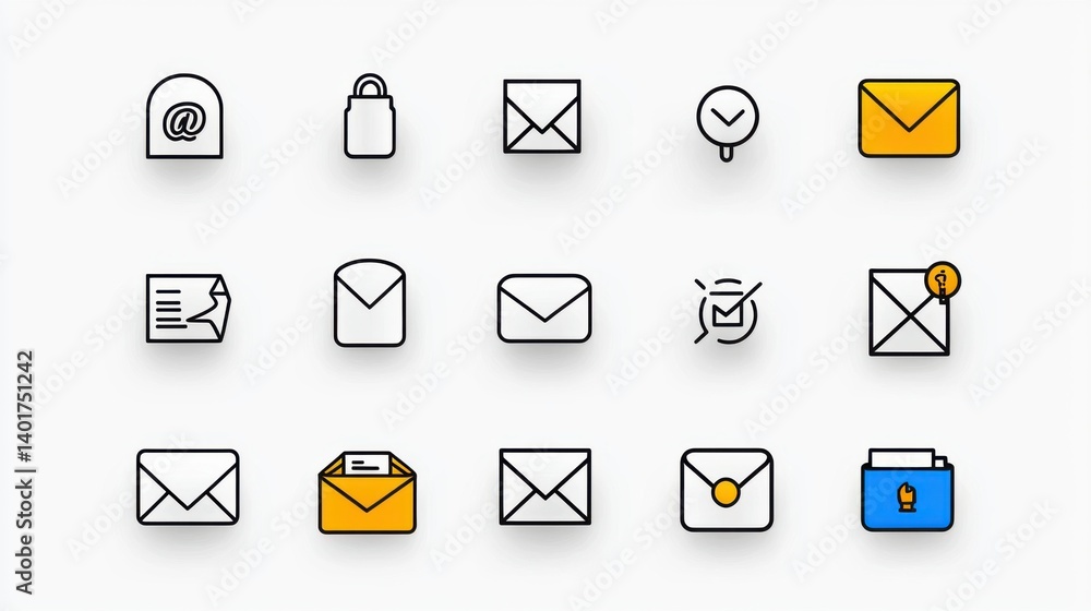 Poster a comprehensive set of detailed icons representing various aspects of postal and email communication
