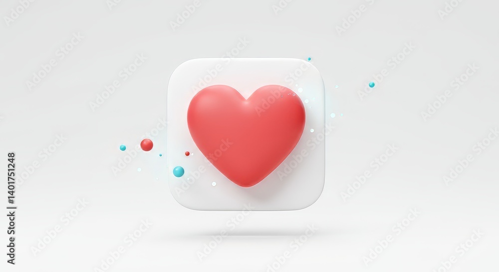 Poster 3d rendered heart icon on white rounded square symbolizing love and appreciation with floating spher