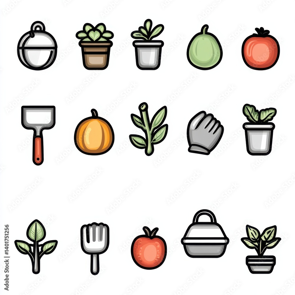 Poster a detailed set of line art icons depicting various farming related objects and symbols including pla