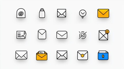 A comprehensive set of detailed icons representing various aspects of postal and email communication including envelopes messages inboxes and other related elements