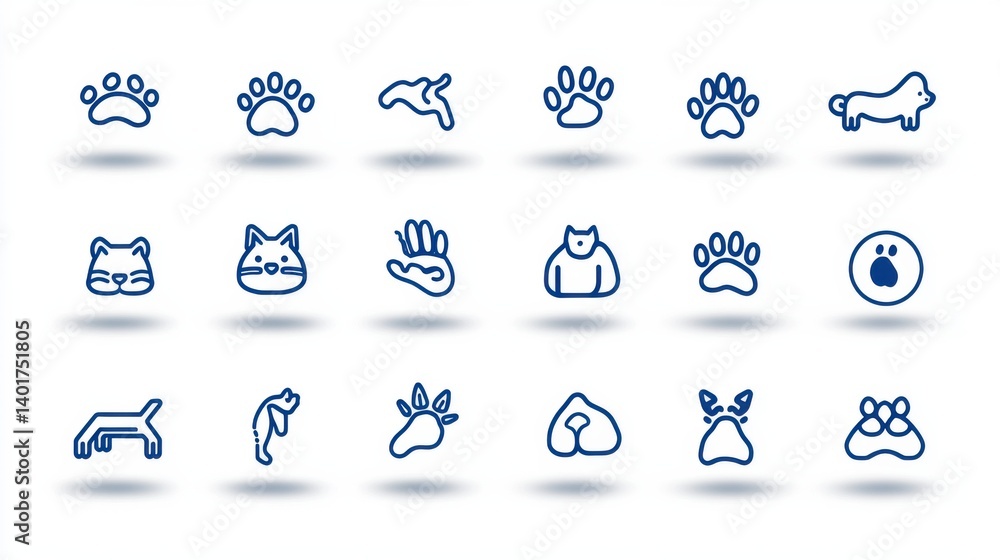 Poster a collection of 15 minimalistic stylized pet paw outline icons in a modern futuristic design style s