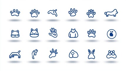 A collection of 15 minimalistic stylized pet paw outline icons in a modern futuristic design style suitable for use in digital interfaces apps and graphics