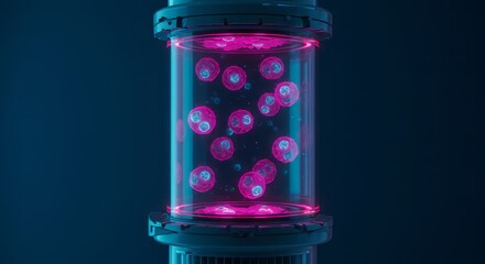 Cell division process in a transparent cylinder with blue and pink glow effect representing scientific experiment, research, and development in laboratory for medical innovation