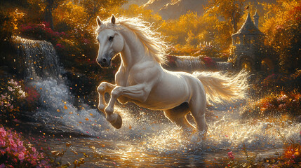 Ethereal Elegance A Stallions Dance in the Golden Light