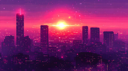 Obraz premium Vibrant Purple Cityscape Silhouette at Sunset with Glowing Lights and Starry Sky Urban Skyline at Dusk