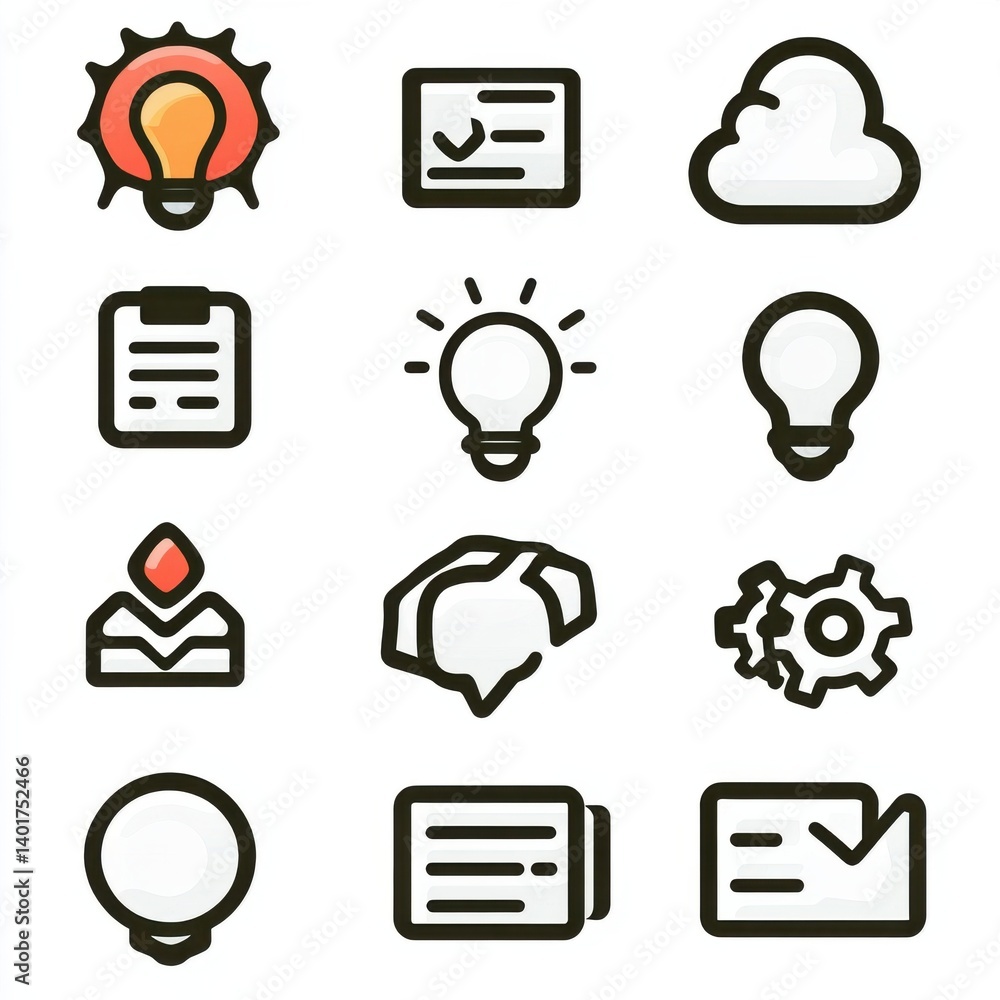 Poster a collection of 15 minimalist thin outline icons that represent various concepts and tools related t