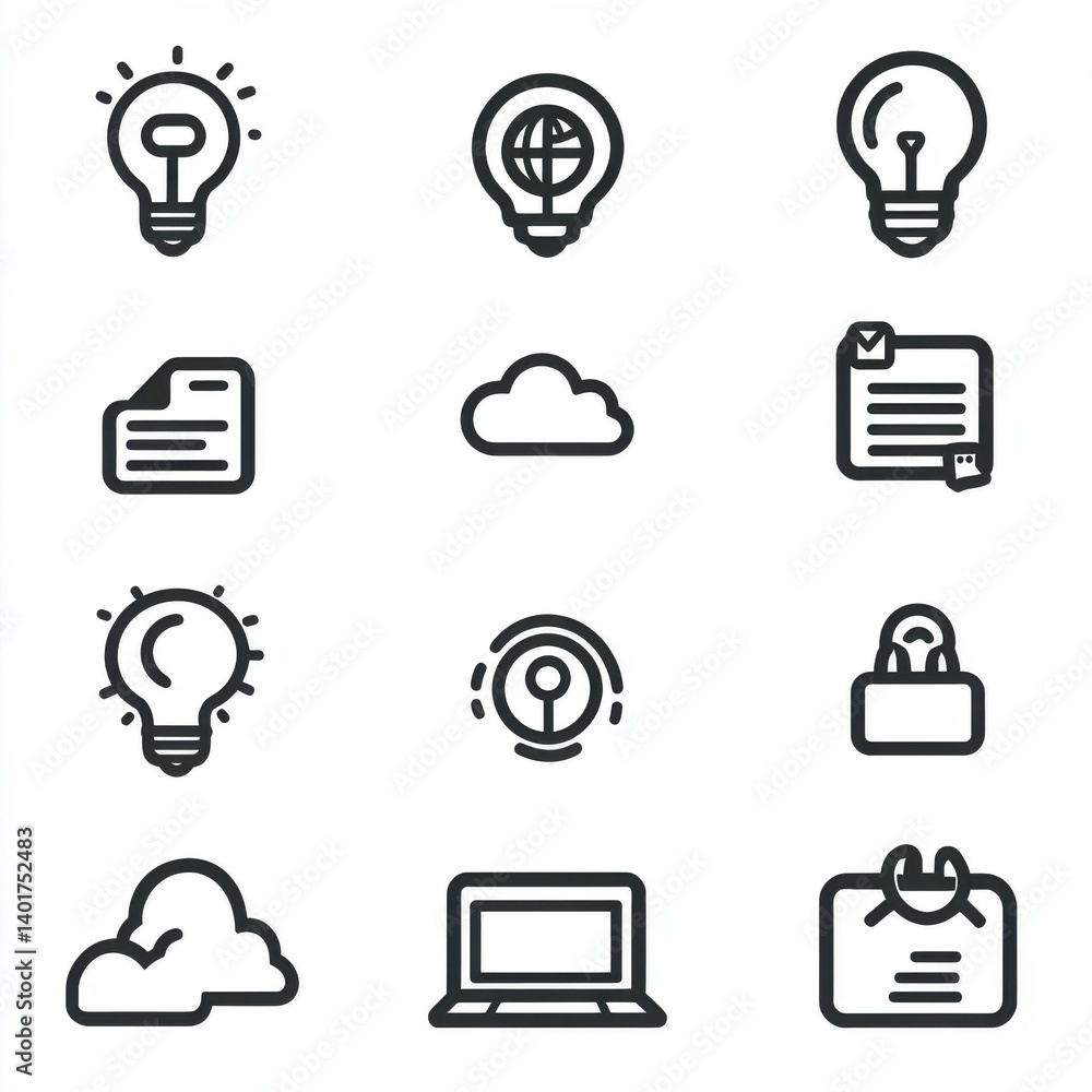 Poster this image presents a clean and simplified set of 15 minimalist icons with thin outlines representin
