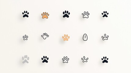 A set of 15 stylized monochrome icons depicting various pet paw prints in a clean minimalist design