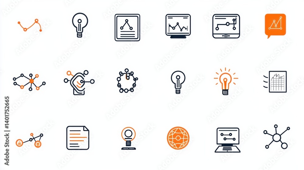 Poster a collection of sleek and visually appealing icons and graphics representing various aspects of busi