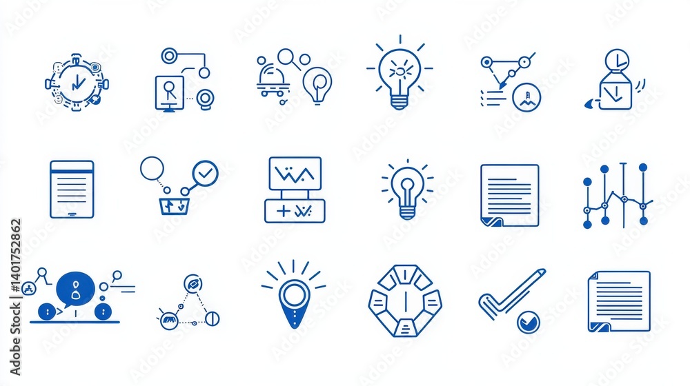 Poster a comprehensive set of minimalist icons representing various aspects of a modern and innovative work