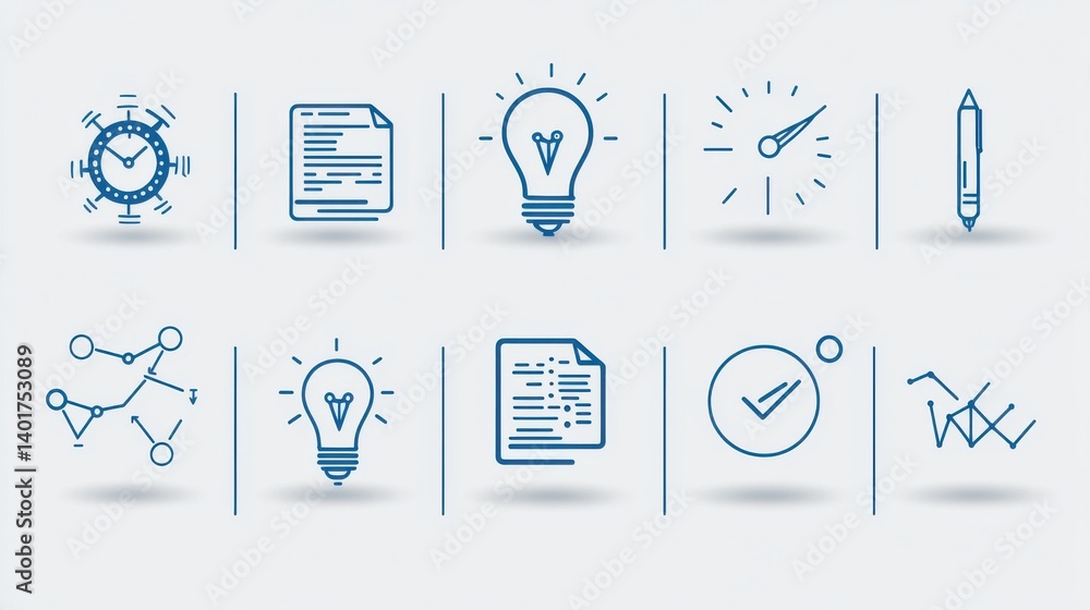 Poster a modern minimalist set of 15 business intelligence icons representing data analytics information ma