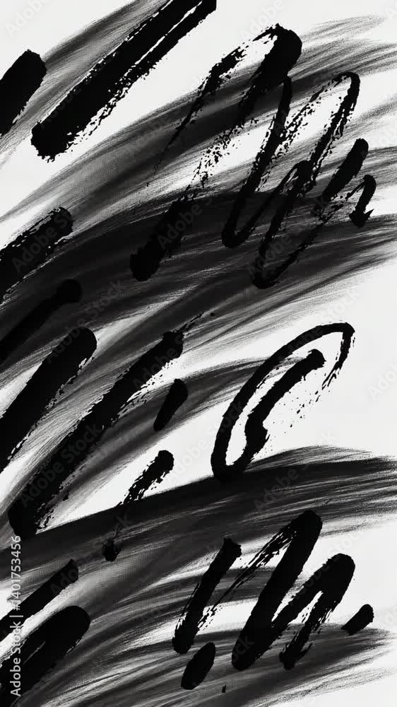 Poster abstract black ink brush strokes pattern against a white backdrop creating dynamic lines, swirls and
