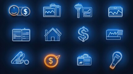 Fototapeta premium A collection of stylized icons representing various financial and economic elements including charts graphs currency investment and analytical tools