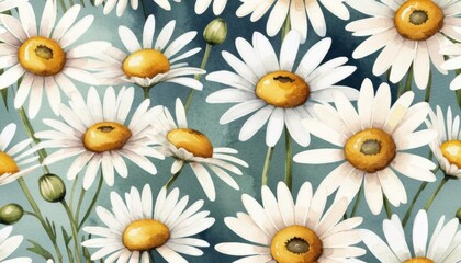 Fototapeta premium Beautiful seamless floral pattern with white and yellow daisies and chamomile blossoms evokes summer nature