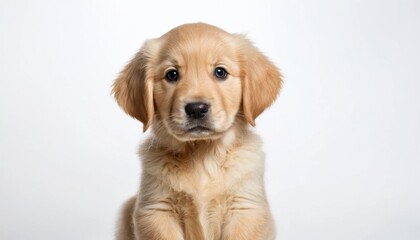Cute golden retriever puppy, a young and happy canine pet, sitting isolated on white background