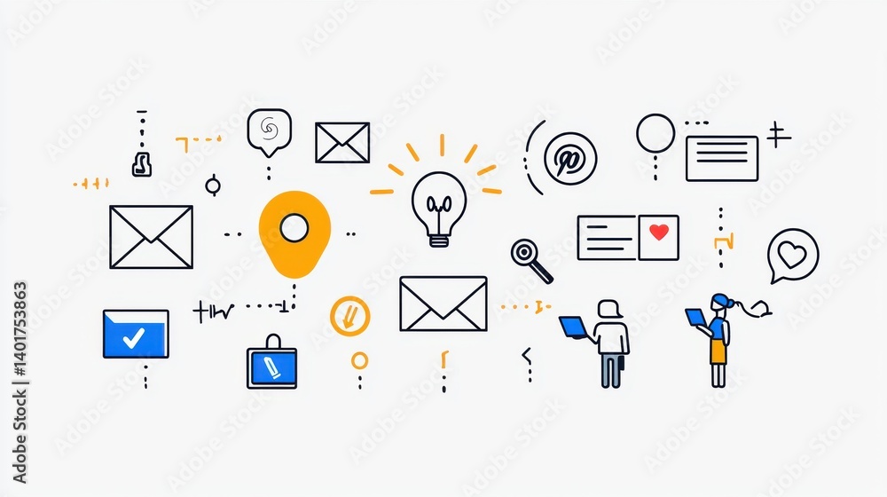 Poster a diverse set of outline icons symbolizing various aspects of digital communication technology and o