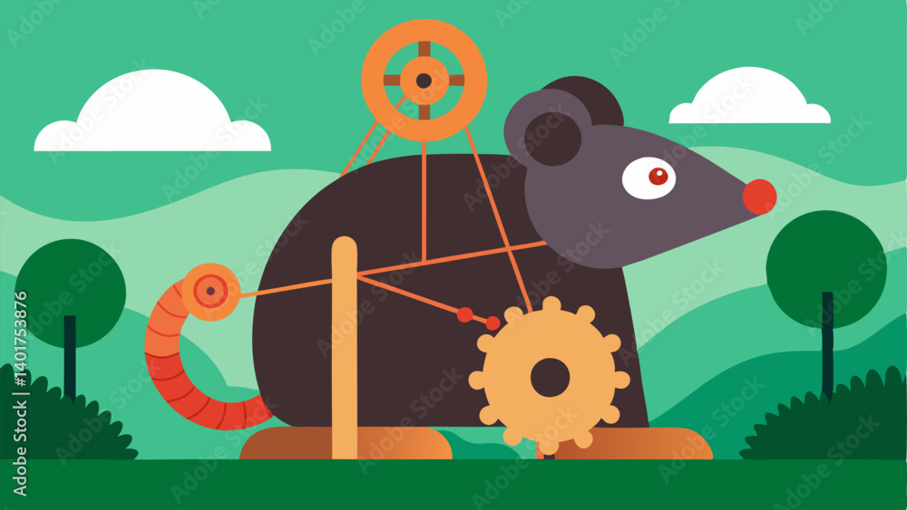 Aufkleber giant mechanism depict a colossal mouse with oversized wooden beams serving as the base. include a n