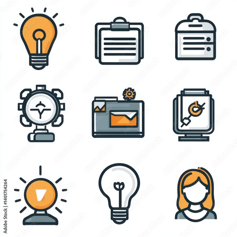 Poster a set of thin line icons representing various aspects of corporate workflow productivity and busines