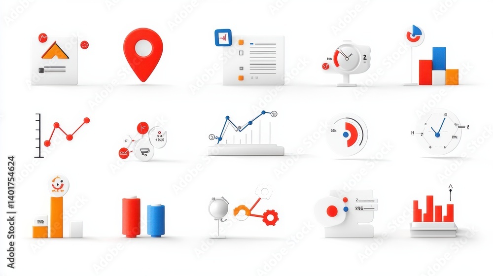 Poster a comprehensive set of minimalist and visually appealing icons representing different data analysis 