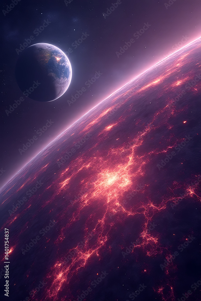 Poster cosmic eruption on alien planet outer space digital art celestial environment wide view sci-fi theme
