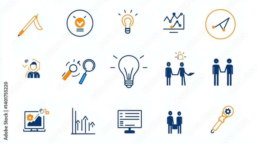 Poster a comprehensive set of icons representing various aspects of professional management and business in