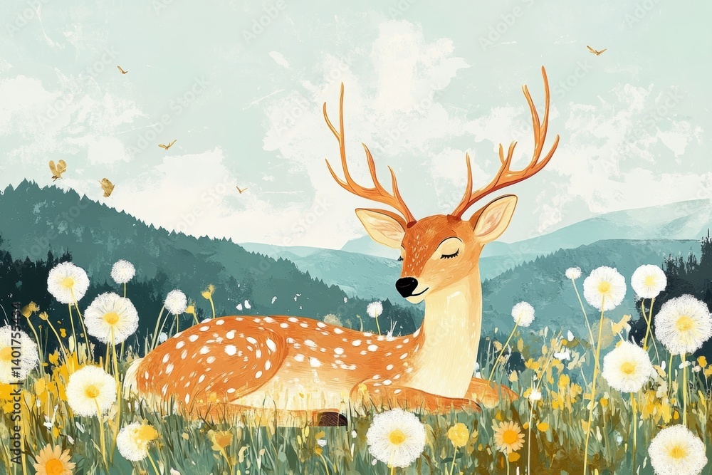 Poster peaceful deer resting among dandelions in a serene field with a backdrop of mountains