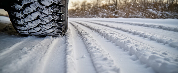 Tire tracks in fresh snow on a winter road