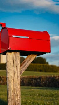 A vibrant red mailbox mounted on a weathered wooden post against a blue sky with fluffy clouds in a rural setting