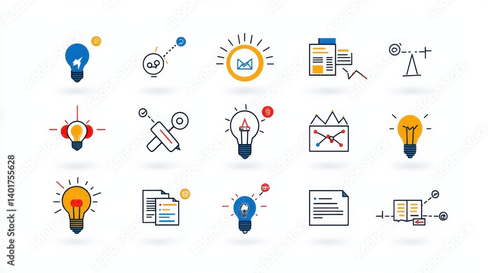 Poster a collection of 15 vibrant and conceptual icons symbolizing the various aspects of creativity innova