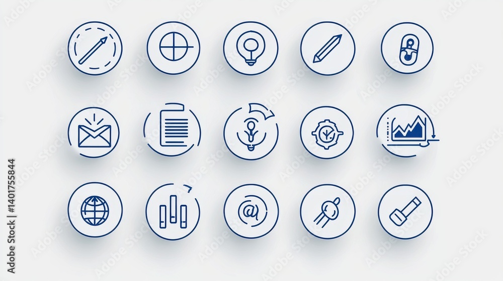 Poster this image depicts a collection of 15 simple minimalist line art icons symbolizing different aspects