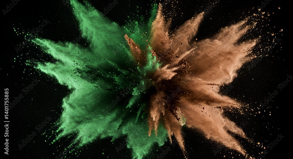 Aufkleber explosive collision of green and brown powder creating dynamic burst against black backdrop, showcas