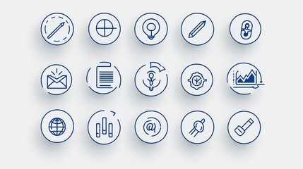 This image depicts a collection of 15 simple minimalist line art icons symbolizing different aspects of digital technology communication analytics and user interface design