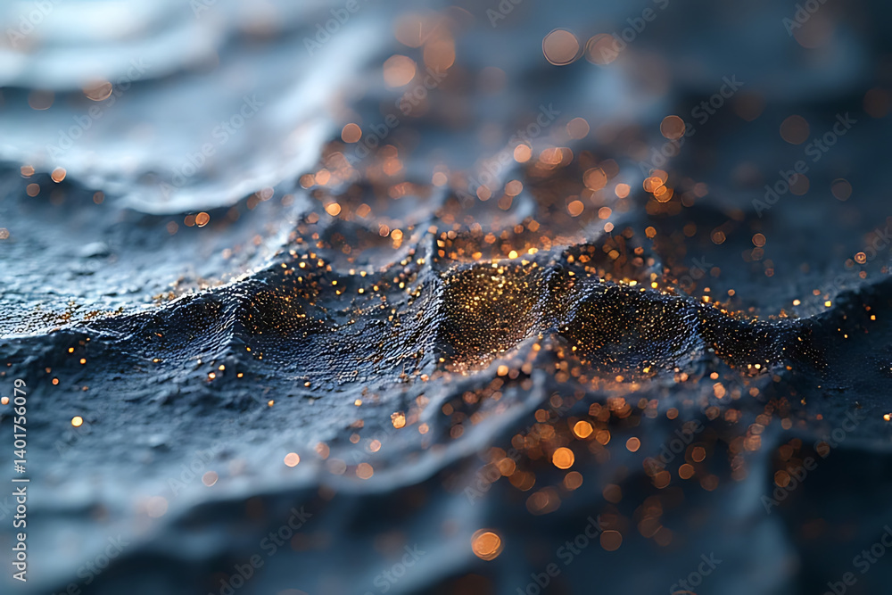 Poster shimmering particles on dark waves abstract art close-up textured surface artistic viewpoint
