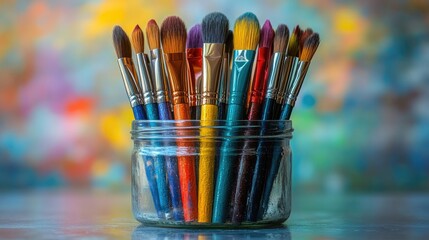 Obraz premium Artistic Palette: A collection of vibrant paintbrushes in a glass jar, displayed against a colorful, abstract backdrop. Celebrating creativity and artistic expression.