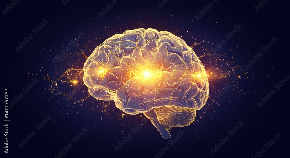 Poster glowing brain activity illustration showcasing cognitive function and neural connections with sparkl