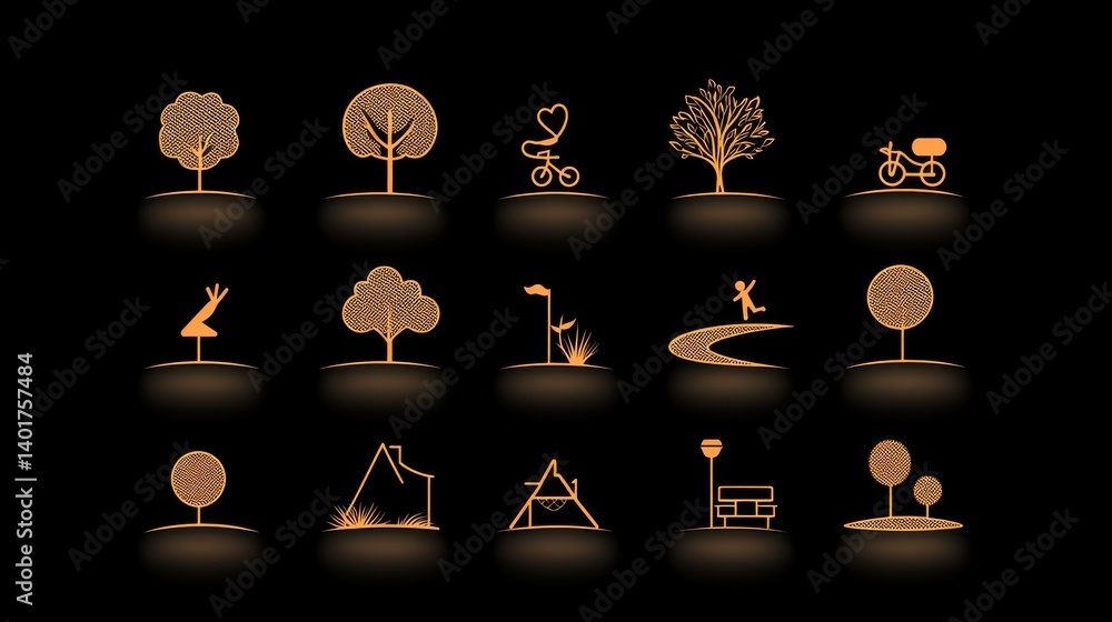 Poster a modern minimalist set of icons depicting various natural elements and park features designed to en