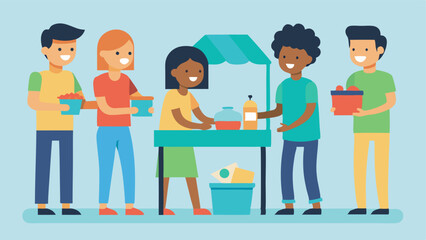 Group Selling Friends setting up a small yard sale of gently used items smiling as they engage with potential customers promoting community sharing.