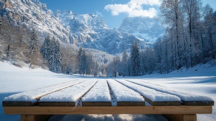 Obraz premium Serene Winter Vista: An empty wooden table draped in fresh snow in the foreground invites contemplation, while a majestic, snow-covered mountain range dominates the background.