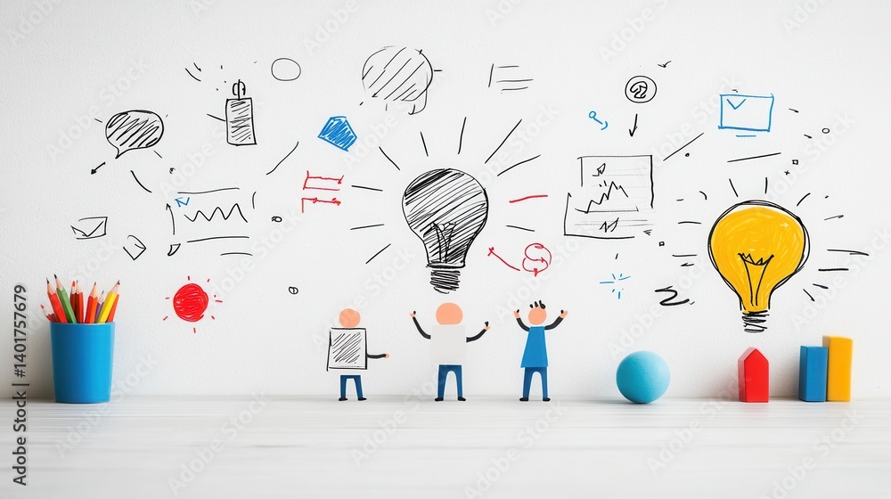 Poster colorful and energetic depicting the process of brainstorming for innovative ideas and problem solvi