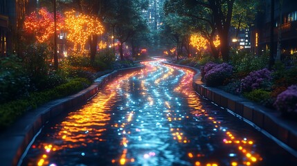 Magical Night Water Pathway - Illuminated Reflections in Nature