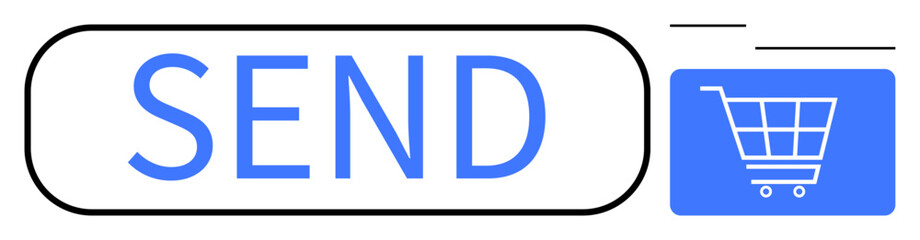Blue send button paired with a shopping cart icon for streamlined online purchasing. Ideal for ecommerce, digital marketing, payment processing, transactions, online shopping, web design, flat simple