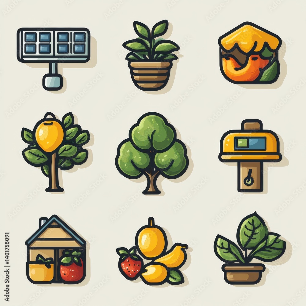 Poster this image showcases a collection of colorful minimalist icons that depict various elements associat